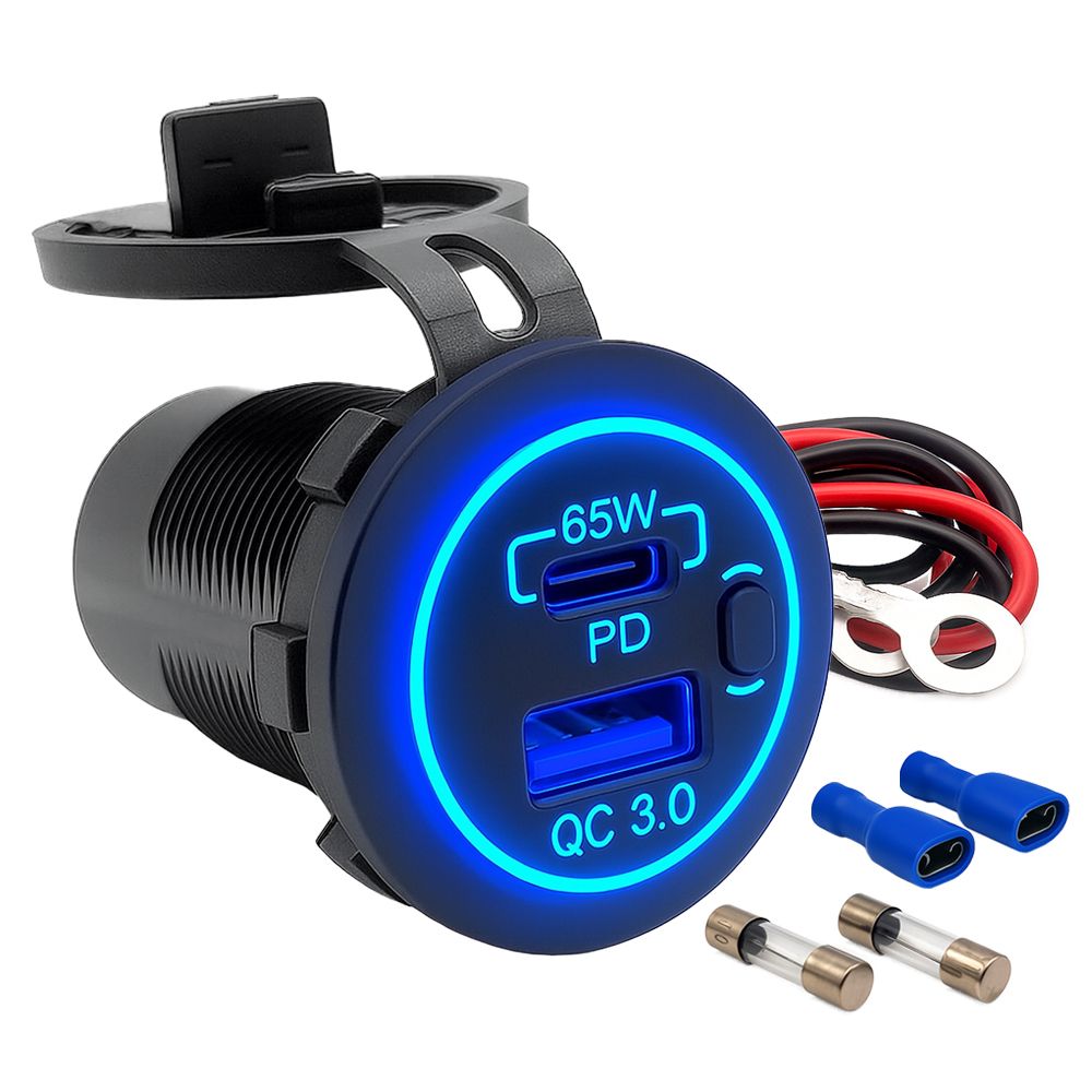 8-01-021595-jpg_1920x1920 USB dual socket 12V/24V 18W USB-A + 65W USB-C socket Car fast charging adapter with cover - Image 1